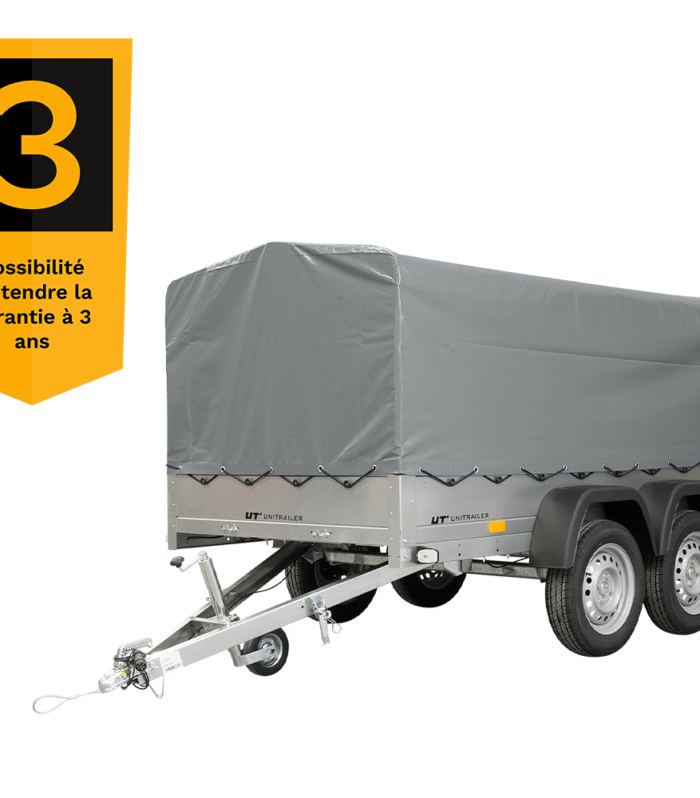 UNITRAILER 264/2 KIPP DOPPELAGS-ANHÄNGER MIT STÜTZRAD, ÜBERROLLBÜGEL UND GRAUER PLANE