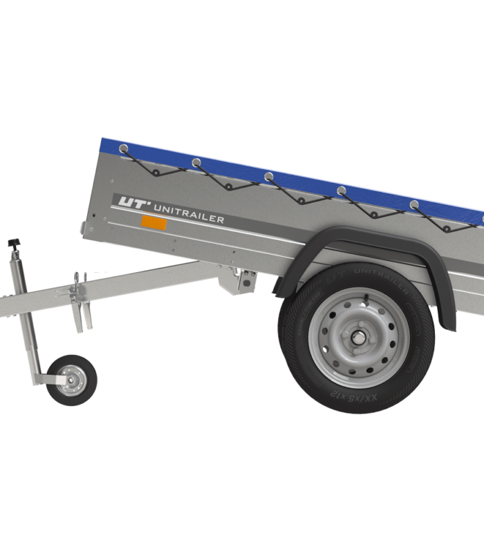 Garden Trailer 200 Kipp Einachsanhänger mit Stützrad und blauer Flachplane