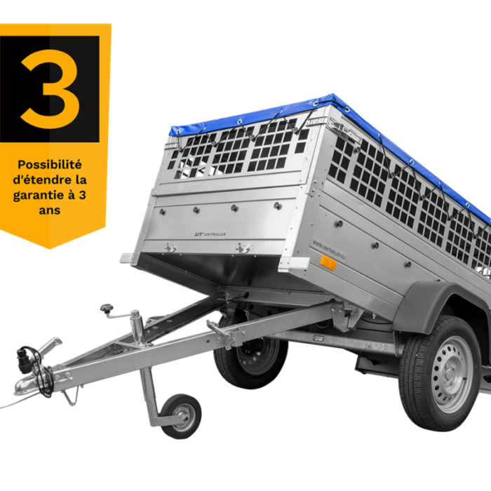 200×106 Gitteranhänger mit blauer Flachplane, Gitterwänden und Stützrad – Garden Trailer 200 KIPP