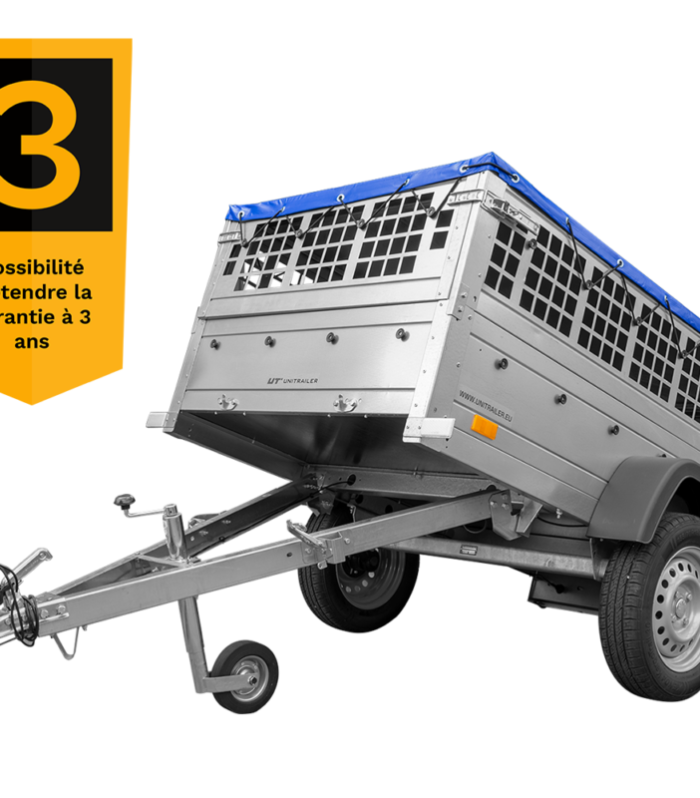 200×106 Gitteranhänger mit blauer Flachplane, Gitterwänden und Stützrad – Garden Trailer 200 KIPP